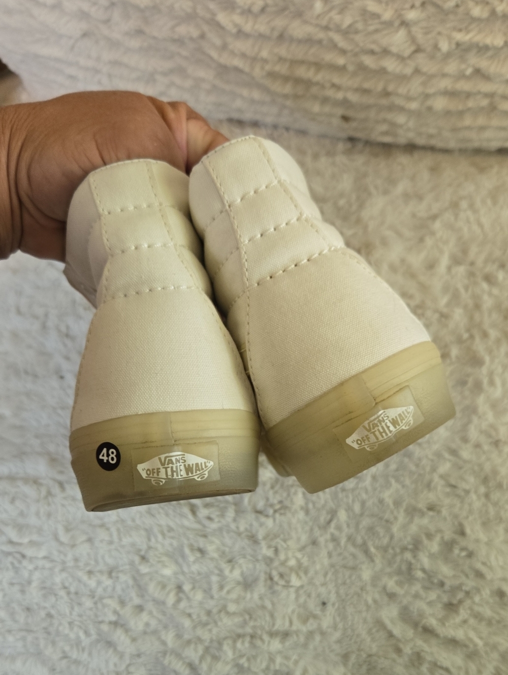 Vans Women’s High-Top Leather Sneakers in Off-White and Light Green Sole - Picture 2 of 5